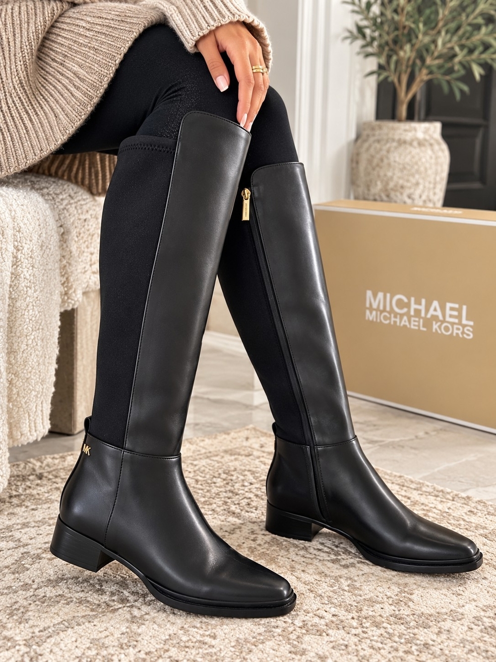 Michael Kors Lex Tall Riding Boots Black Stretch Gold Logo Size 8.5 NIB